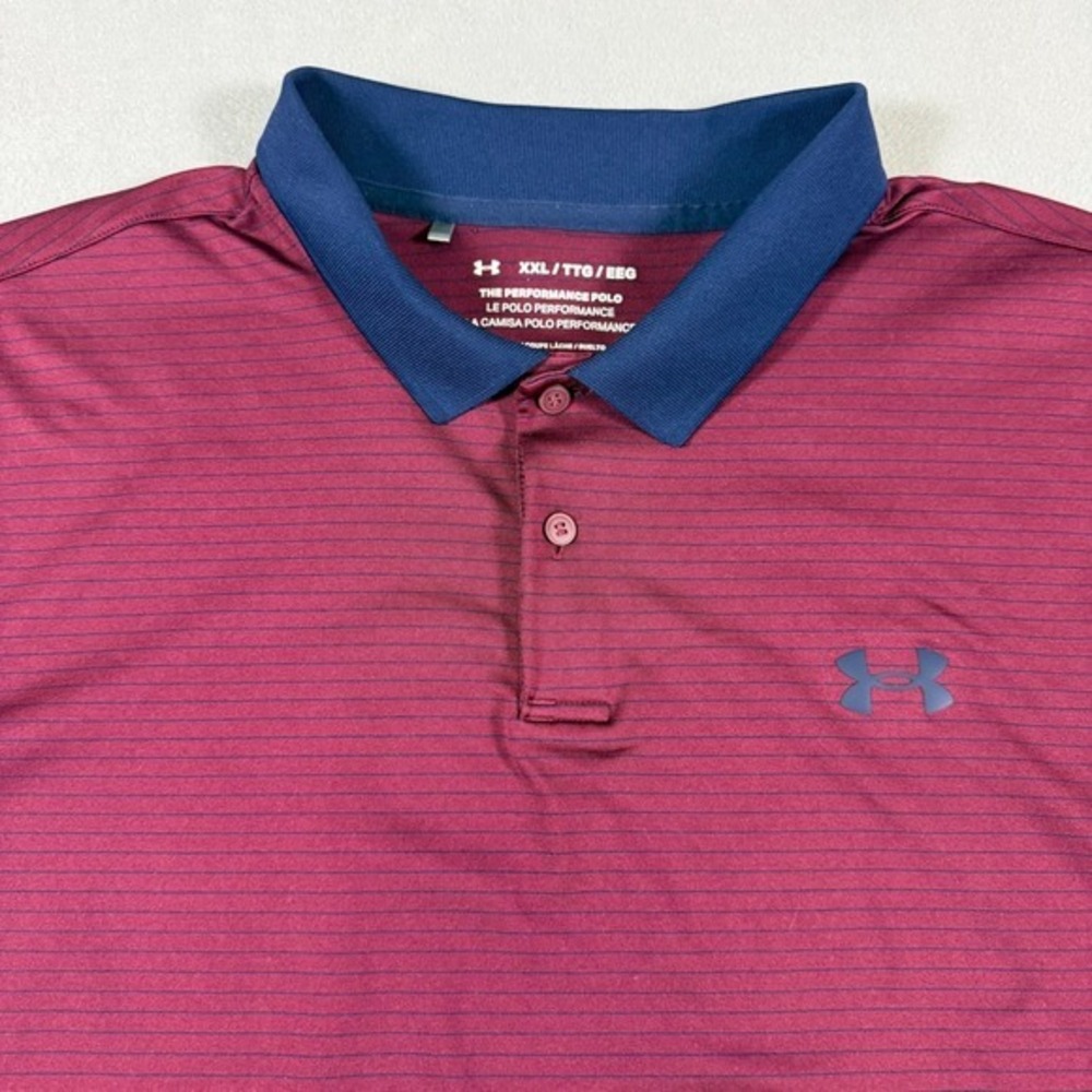 Under Armour Polo Mens XXL Performance Loose Fit Burgundy Blue Striped Excellent